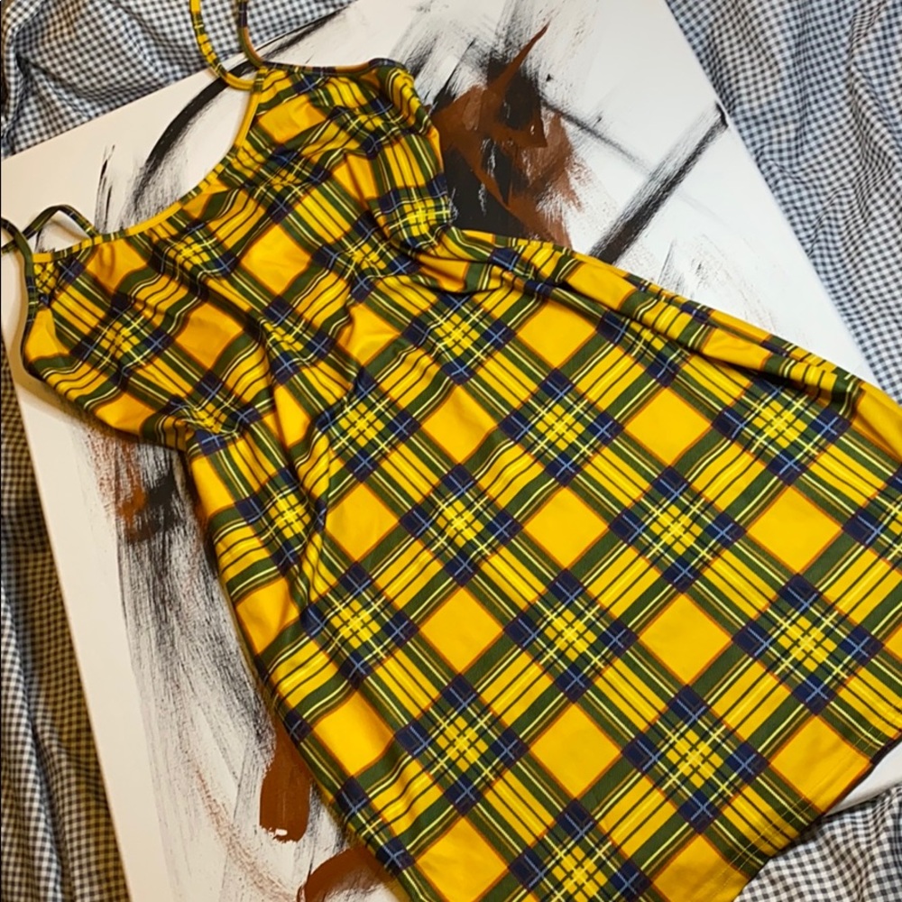 NWOT Shein Yellow Plaid Tartan Bodycon Mini Dress